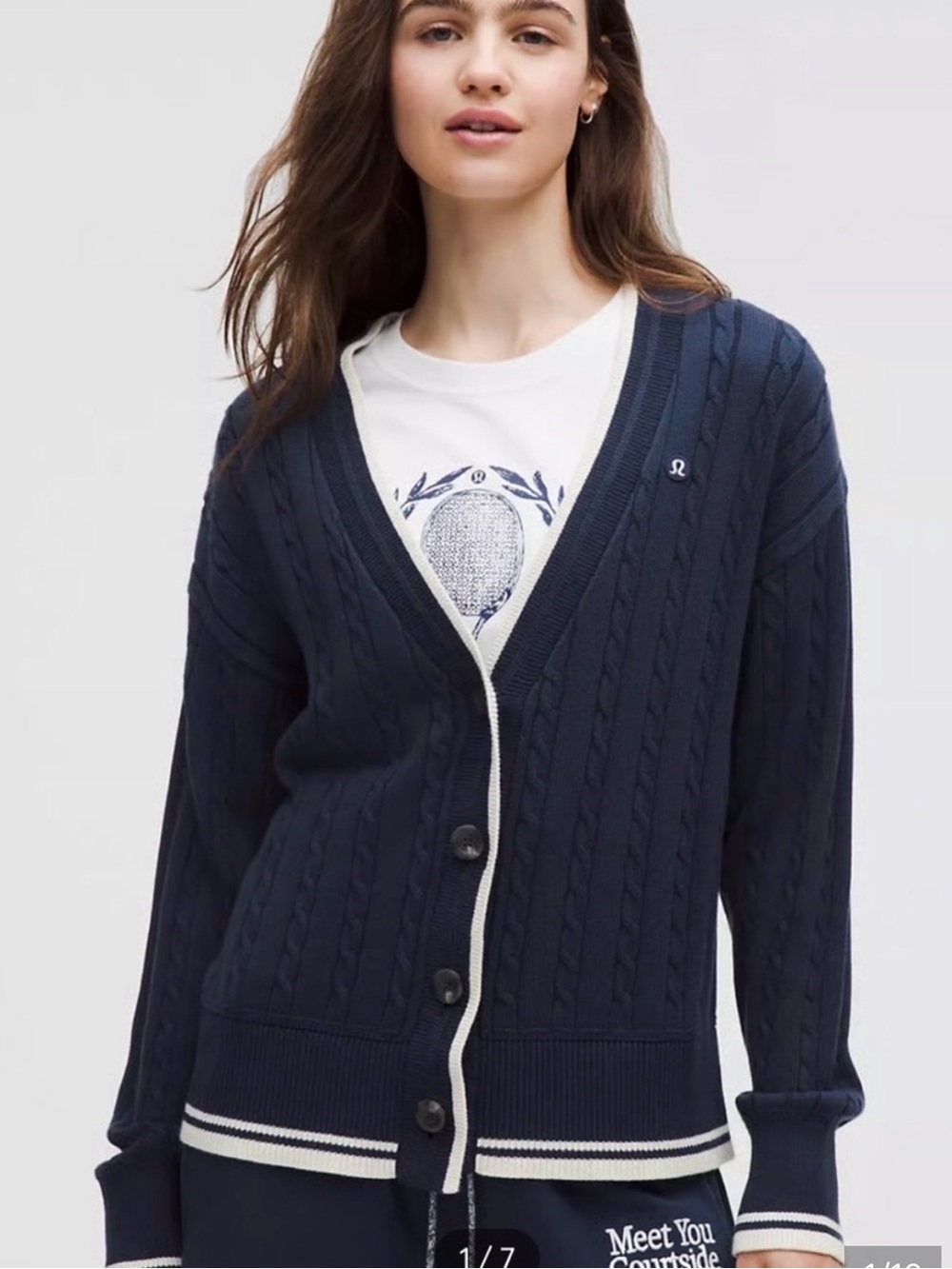 lululemon athletica Navy Cable-Knit Cardigan with Cream Trim